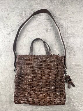 HENRY BEGUELIN Woven Leather Tote Shoulder Bag Purse Crossbody Brown Handmade